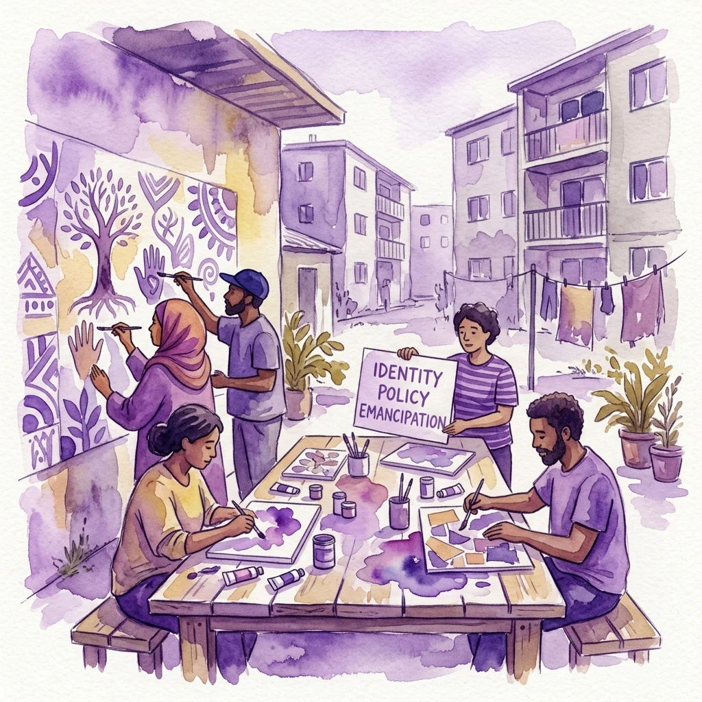 Diverse individuals collaborating on art projects in a modest housing estate courtyard, with one person holding a sign reading "IDENTITY POLICY EMANCIPATION" and others painting a mural, reflecting themes of community and resilience.