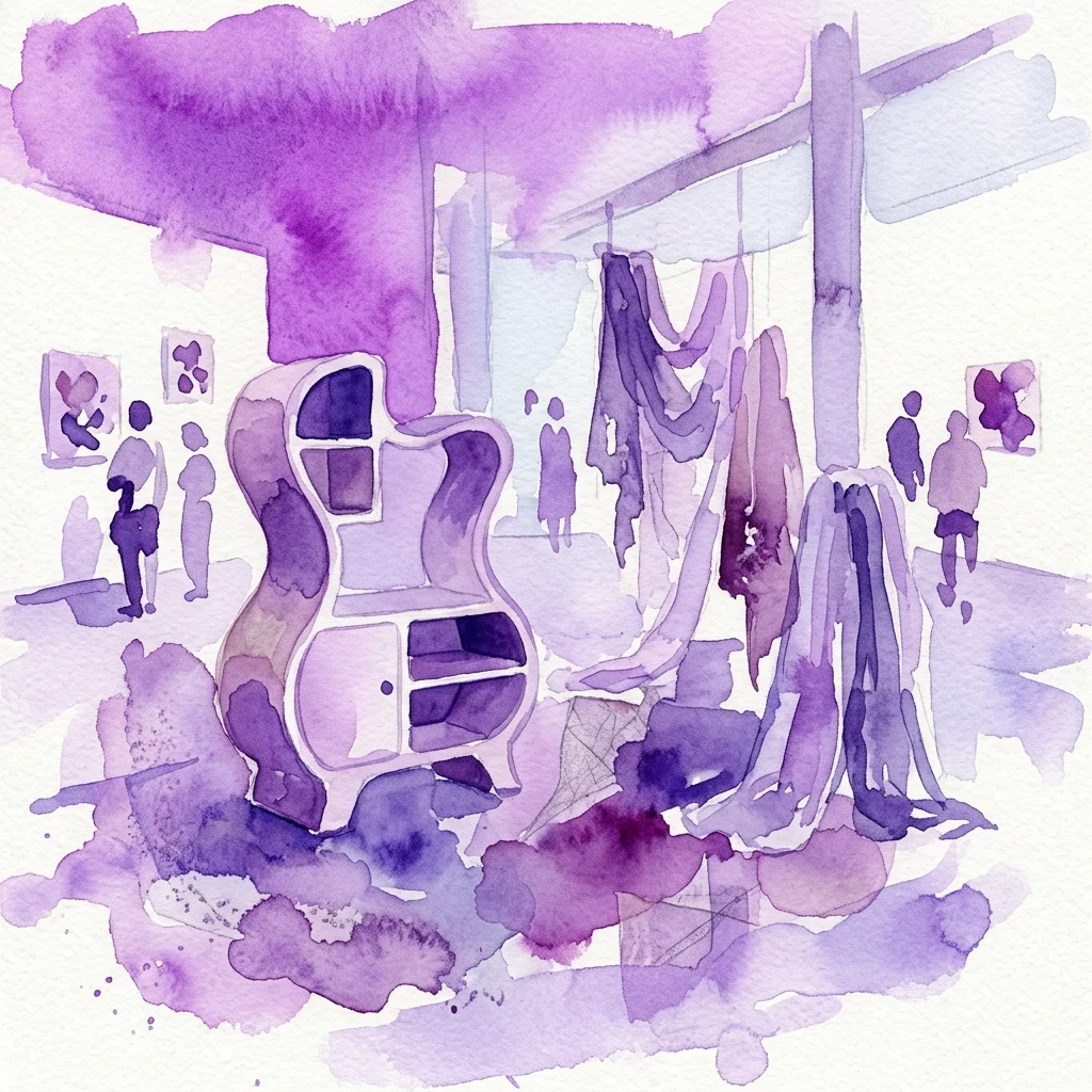 Waterverfillustratie van een hedendaagse kunstexpositie met een sculpturaal gitaarvormig meubelstuk, hangende textielinstallaties en silhouetten van bezoekers in een paars getinte galerie.