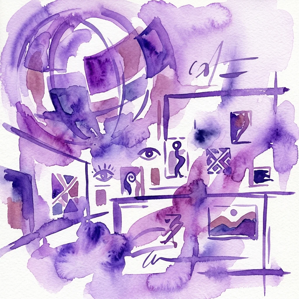 Abstract watercolor artwork in purple and maroon hues featuring geometric shapes, eyes, and figures, representing the Skopje Solidarity Collection's artistic diversity and cross-cultural exchange.