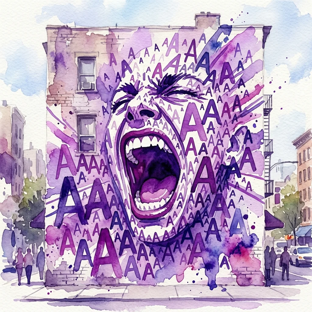 Żywy akwarelowy mural przedstawiający krzyczącą twarz złożoną z powtarzających się liter 'A' na fasadzie budynku, reprezentujący dzieło Nory Turato w Kunsthalle Wien.