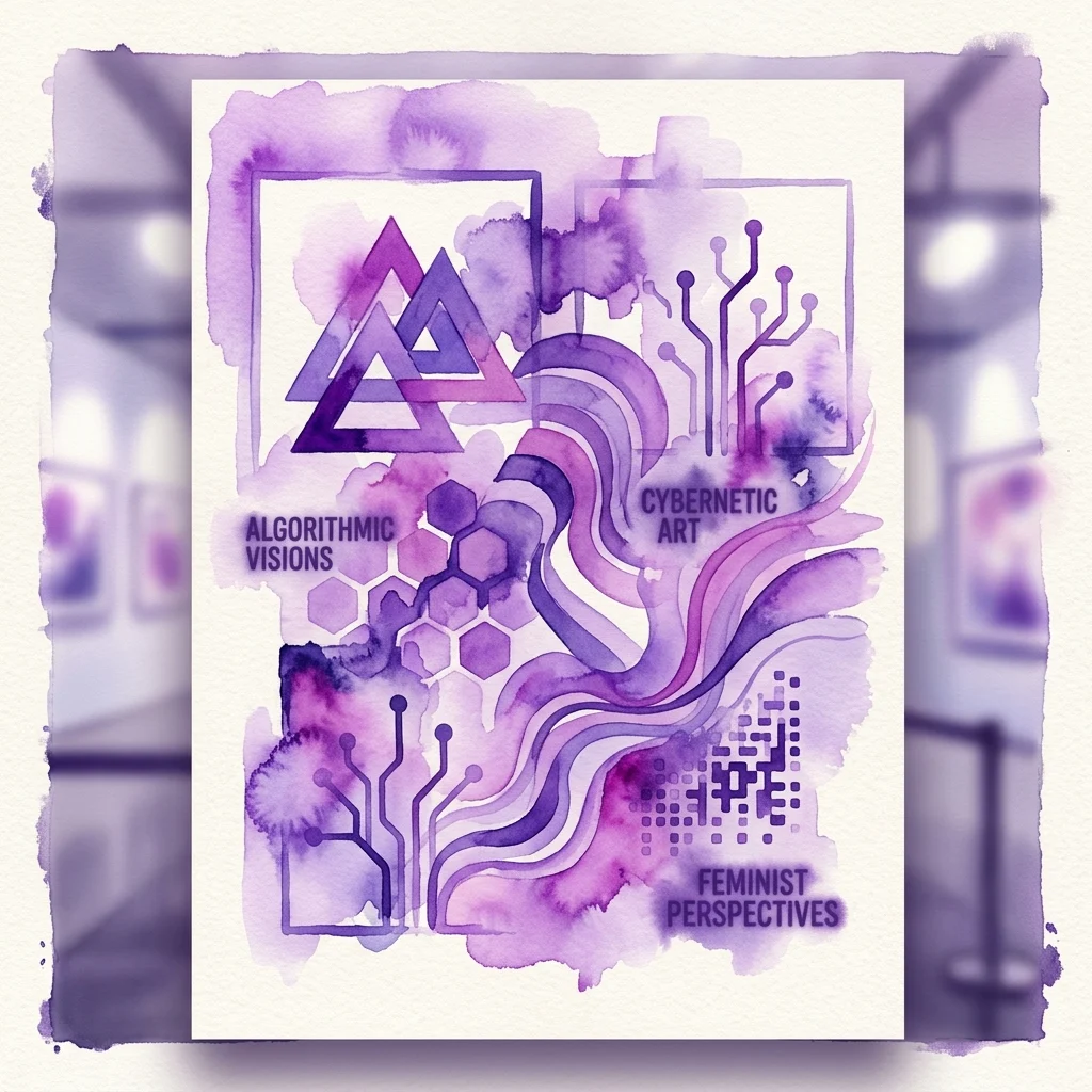 Una obra de arte en acuarela morada con formas geométricas, patrones similares a circuitos y etiquetas de texto que incluyen 'Algorithmic Visions', 'Cybernetic Art' y 'Feminist Perspectives', representando la exposición Radical Software.