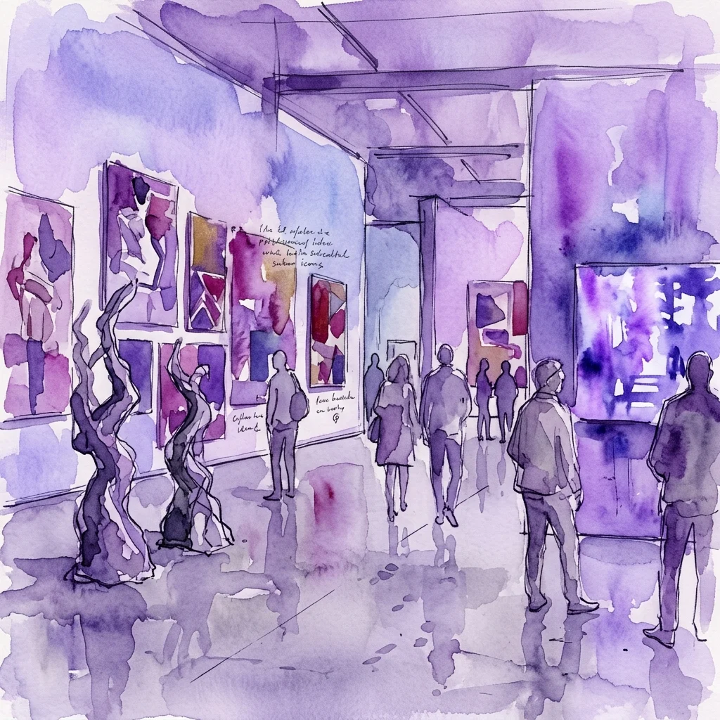 Watercolor illustration of a contemporary art gallery with visitors viewing abstract and figurative artworks in purple and blue tones, featuring sculptures and wall-mounted pieces.