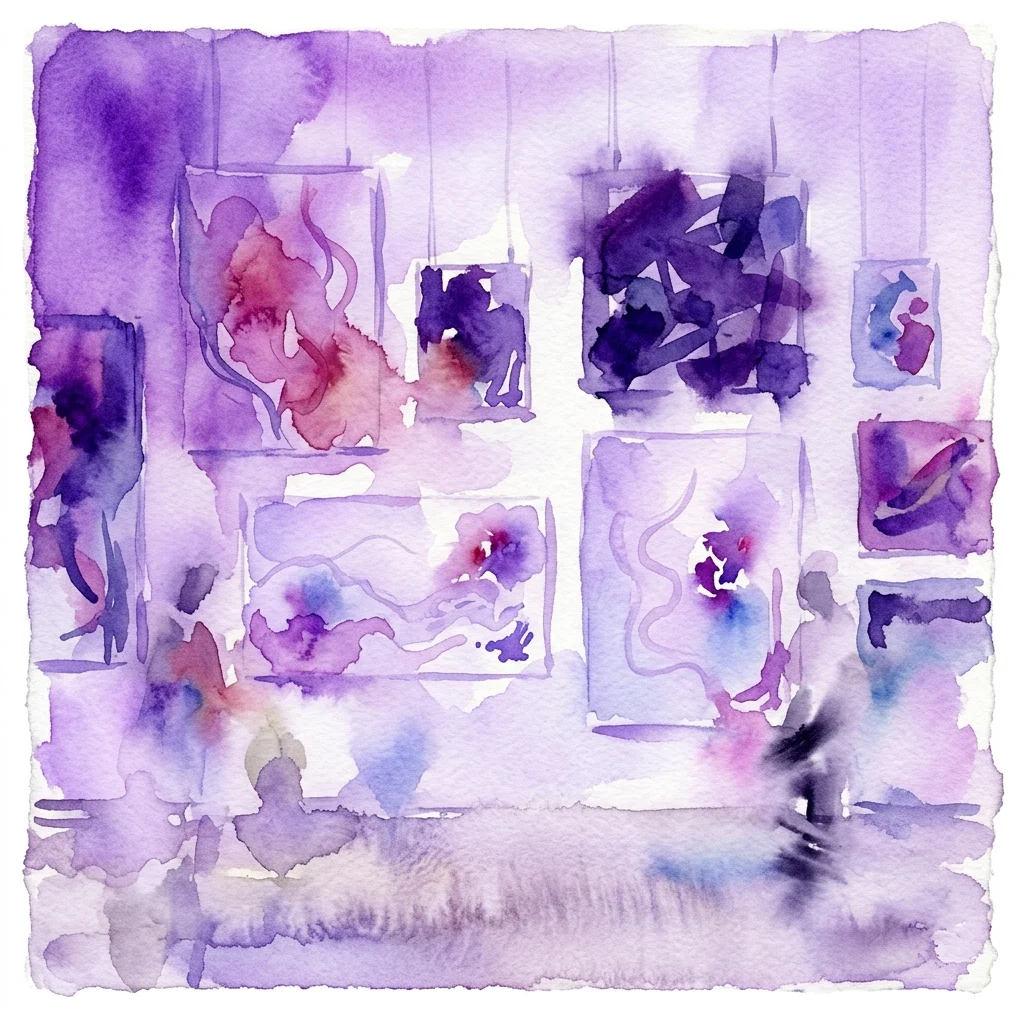 Ilustracja w stylu akwareli przedstawiająca wystawę sztuki w odcieniach fioletu i błękitu, z oprawionymi dziełami sztuki na ścianach galerii i sylwetkami zwiedzających obserwujących eksponaty.