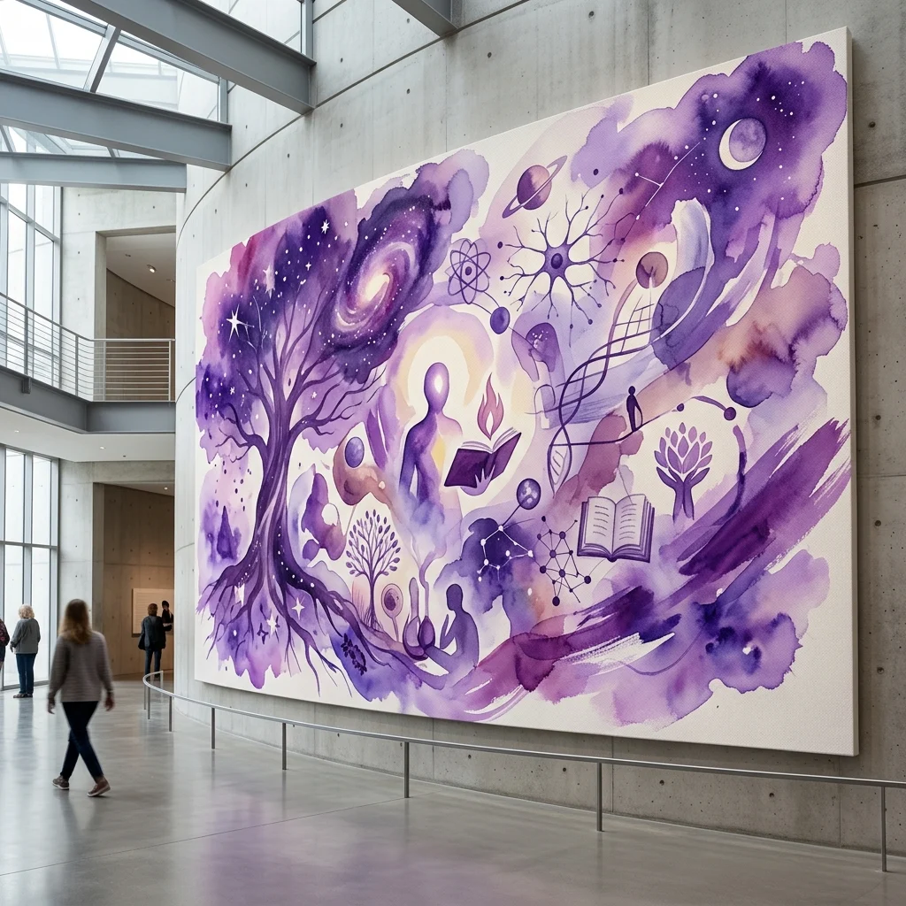Wielkoformatowy fioletowy mural akwarelowy autorstwa Sophie von Hellermann przedstawiający drzewo wiedzy, elementy kosmiczne i symboliczne postacie, wystawiony w nowoczesnej galerii muzealnej.