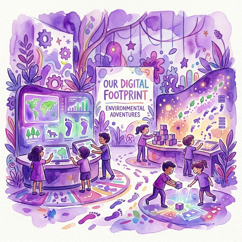 Children interacting with digital displays and hands-on exhibits in a colorful, purple-themed space exploring environmental data and digital footprints at the Kunsthalle Wien exhibition.