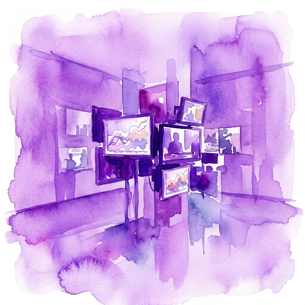 Ilustración en acuarela de una instalación de galería con múltiples pantallas que muestran gráficos y visualizaciones de datos, representando la exposición 'The Ends of a Long Boom' de Ho Rui An.