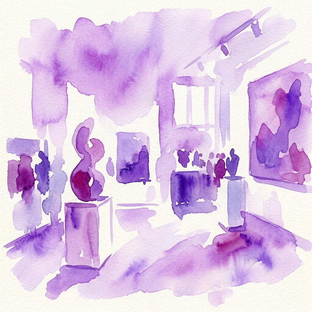 Ilustracja akwarelowa współczesnej wystawy sztuki z fioletowymi dziełami sztuki, rzeźbami i odwiedzającymi w nowoczesnej przestrzeni galerii.