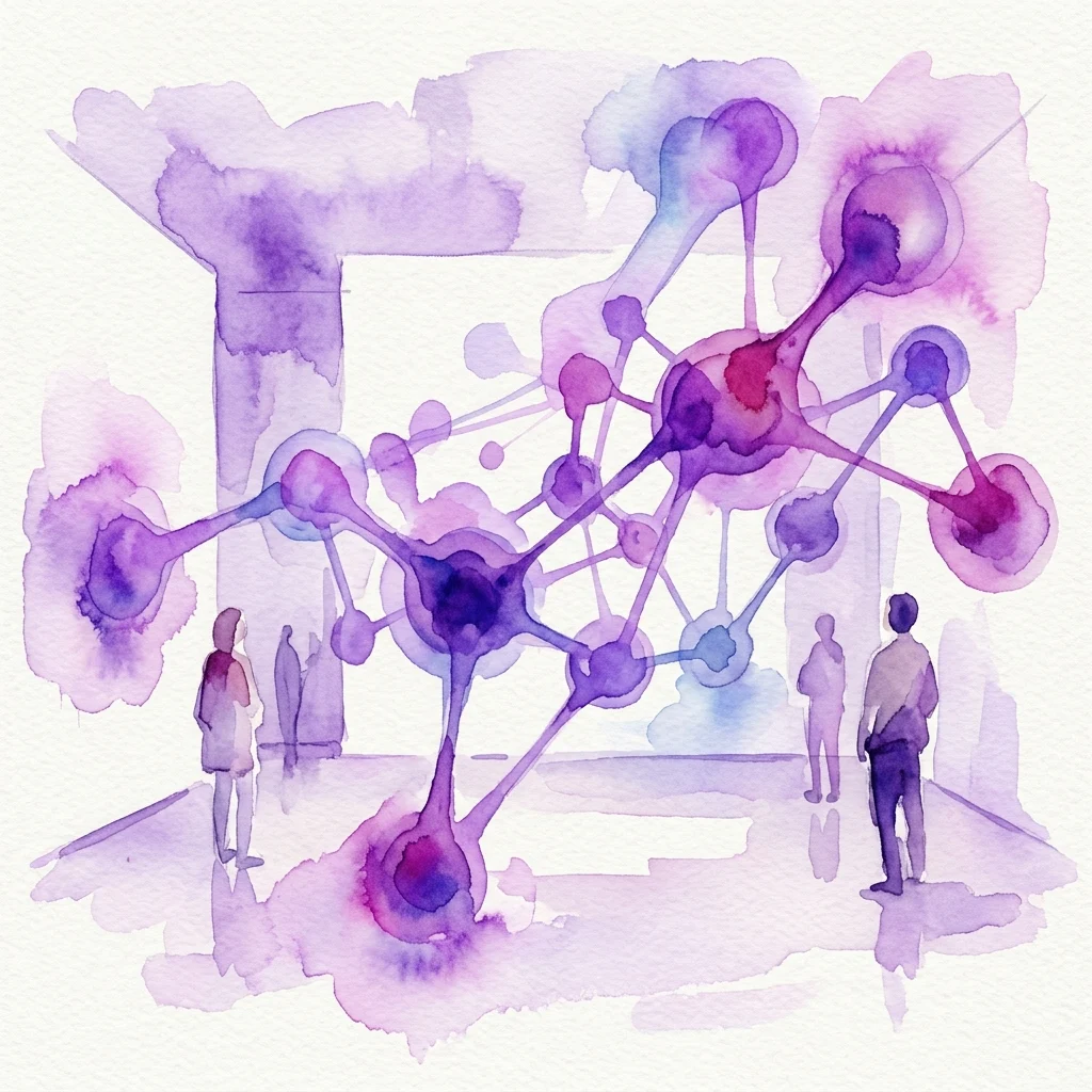A watercolor illustration of a digital art installation at Kunsthalle Wien, featuring abstract purple and blue networks of nodes and connections, with visitors observing the exhibit in a contemporary gallery space.