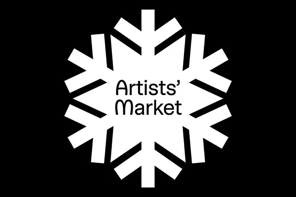white snowflake-like logo with text 'Artists' Market' on black background