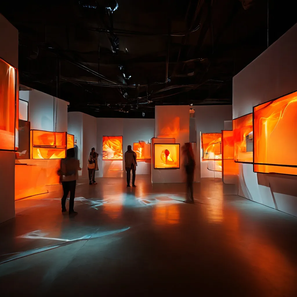 Widok instalacji wystawy Afterlight. Afterglow prezentującej różne monitory ze sztuką wideo w Kunsthaus Baselland.