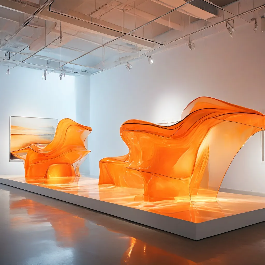Contemporary art installation at the Echo Chambers exhibition at Kunsthaus Baselland featuring metal river sculptures.