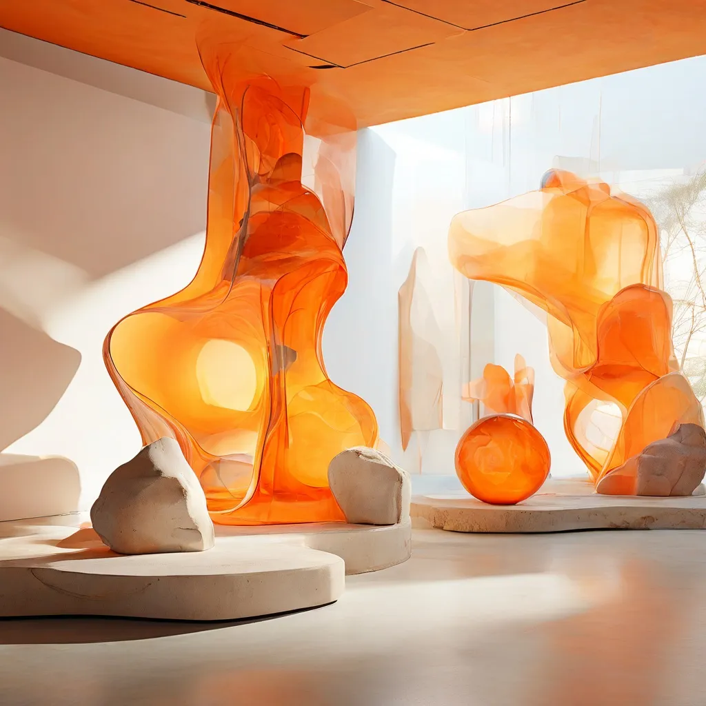 Installatieoverzicht van de tentoonstelling van Esther Hunziker in Kunsthaus Baselland, met digitale schermen en sculpturale elementen.