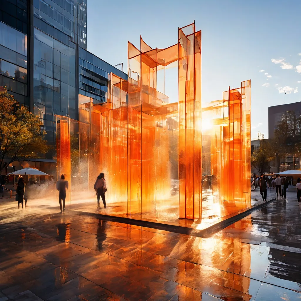 The Appearing Rooms water sculpture by Jeppe Hein at Freilager-Platz, showing vertical jets of water creating transparent, wall-like structures in a public square.