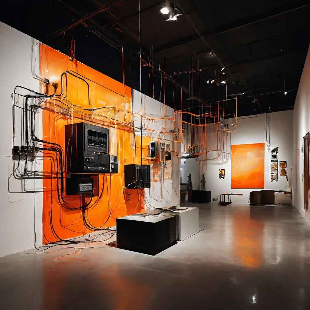 Een installatieoverzicht van de sculpturale werken van Naama Tsabar in Kunsthaus Baselland met kabels en vilten onderdelen.