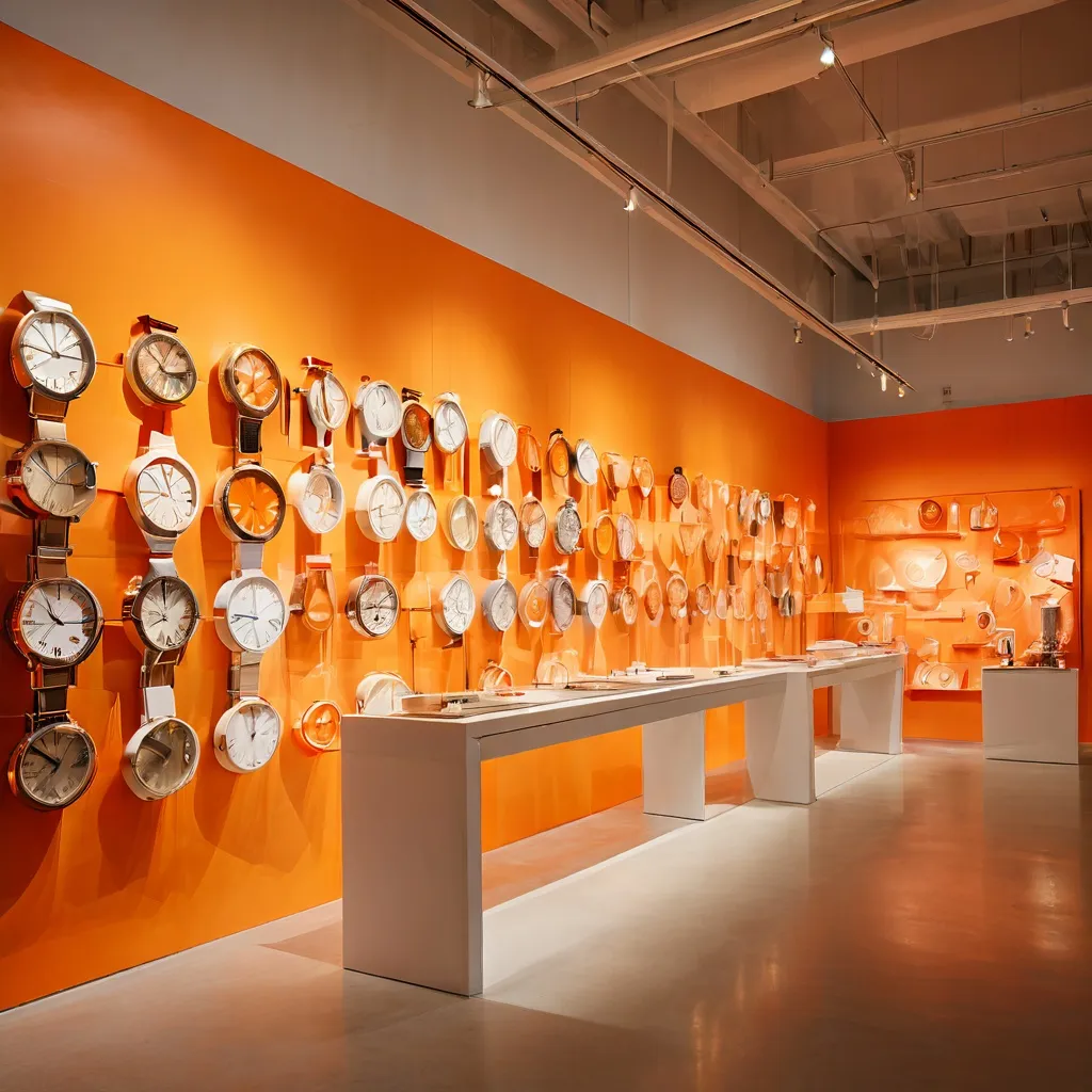 Een conceptueel installatiestuk met mechanische horloge-onderdelen en industriële uurwerken bij de tentoonstelling van R. Sebastian Schachinger in Kunsthaus Baselland.
