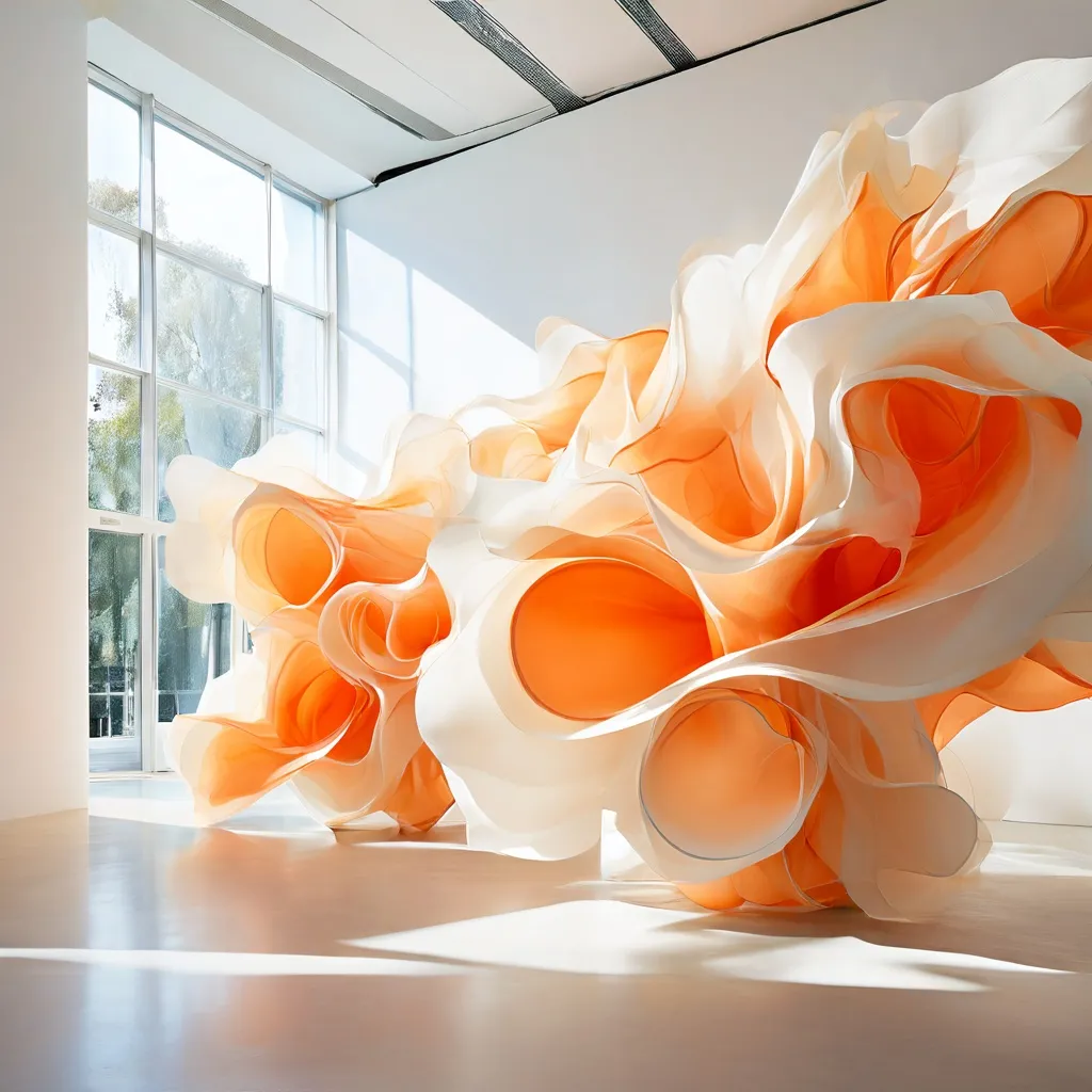 Escultura orgánica de papel a gran escala de Simone Holliger instalada en el luminoso interior arquitectónico del Kunsthaus Baselland.