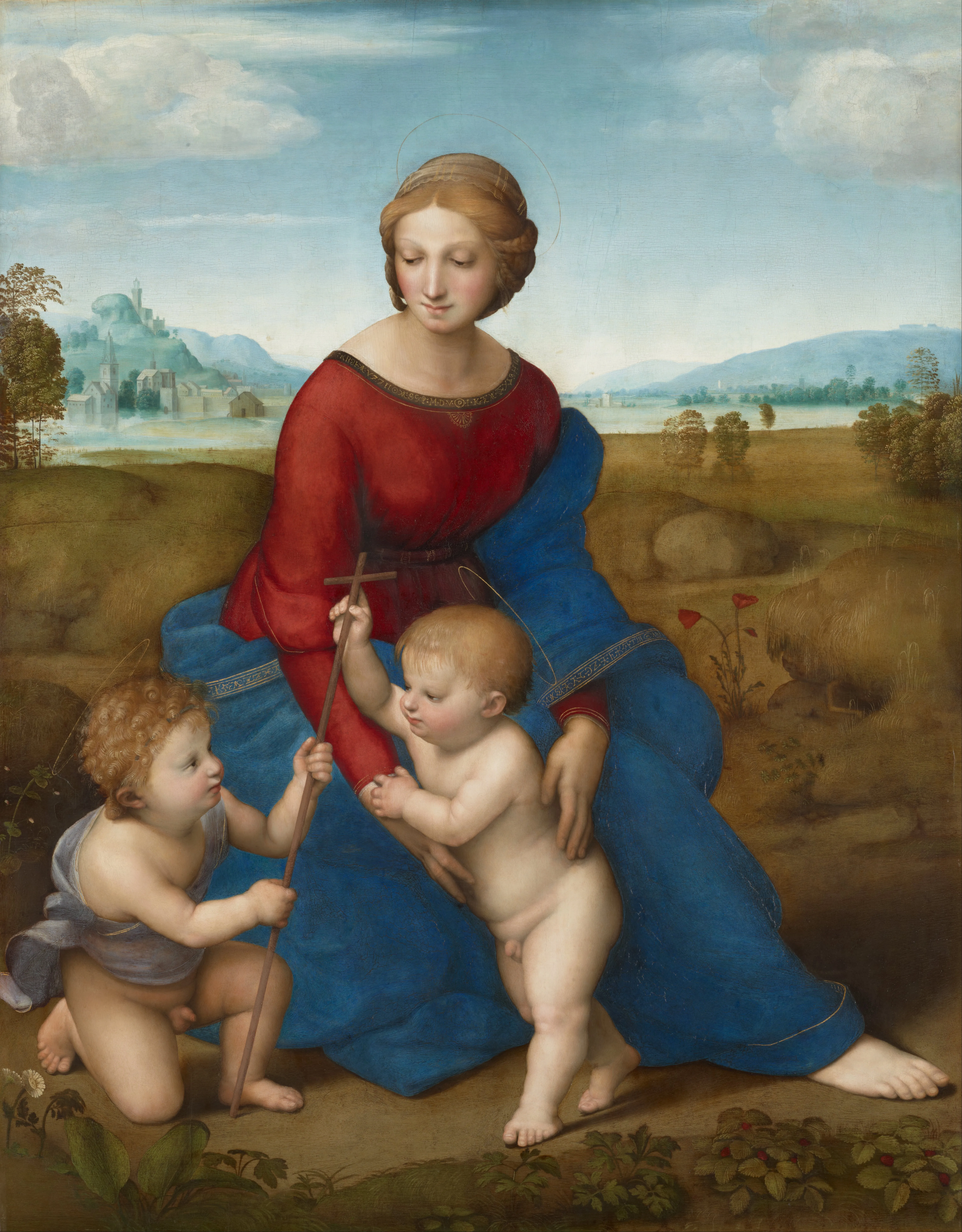 El cuadro 'Madonna del prado' de Rafael, que muestra a la Virgen María con túnicas rojas y azules con dos infantes en un entorno paisajístico.