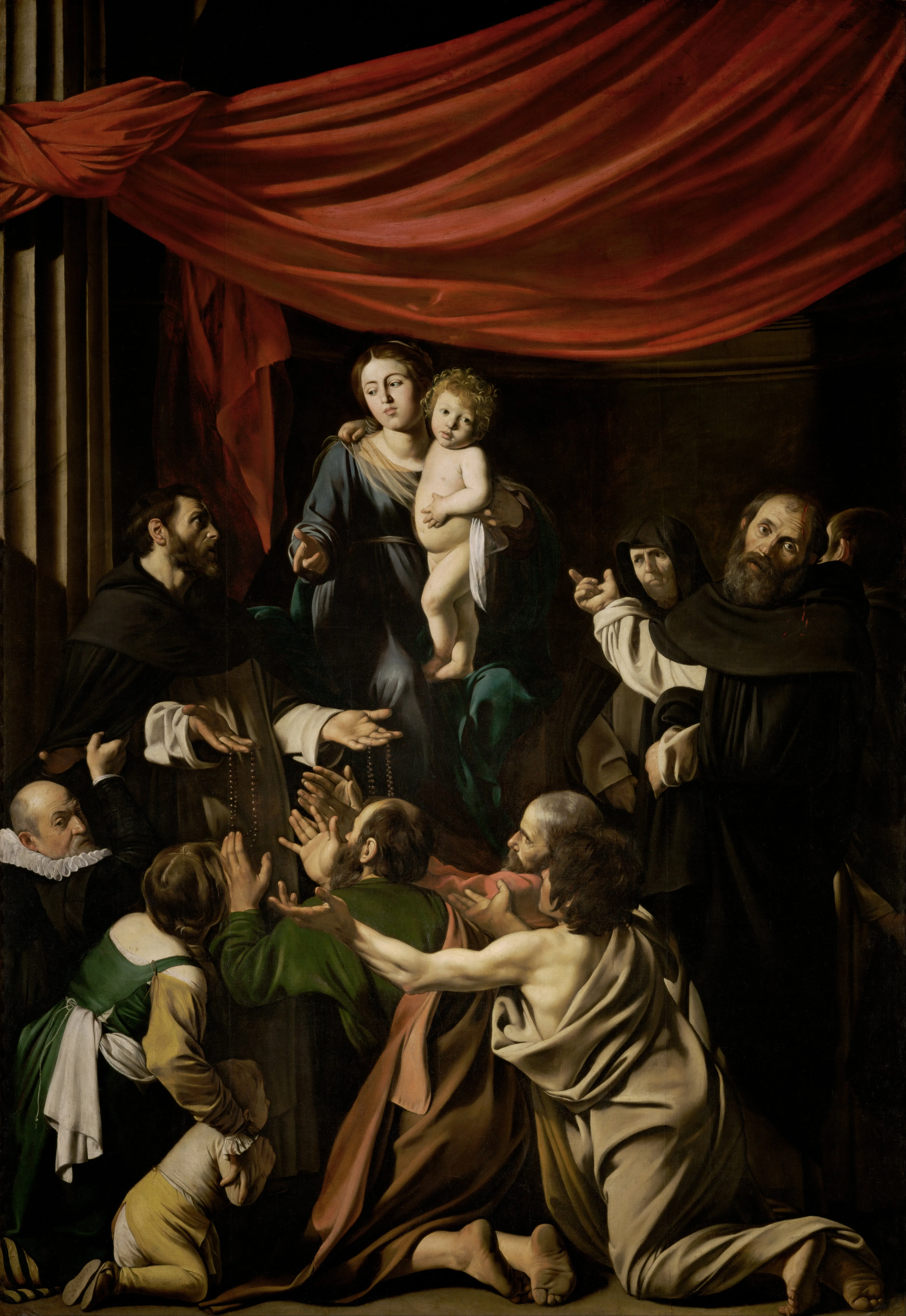 Una pintura que muestra a la Madonna sosteniendo al niño Cristo, rodeada de figuras arrodilladas en una escena dramática con drapería roja y fondo oscuro.