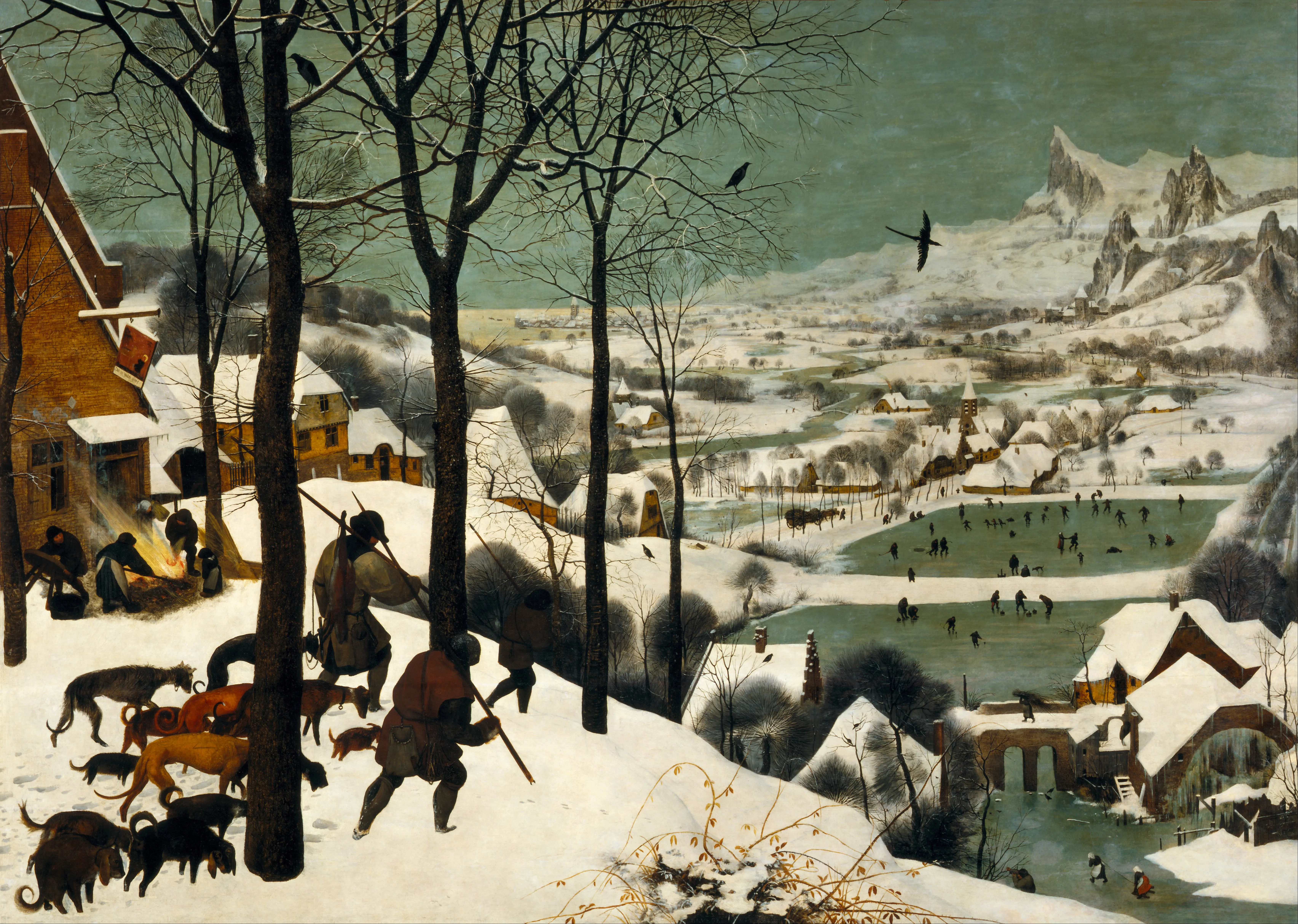 una pintura de un paisaje invernal con cazadores y perros en la nieve, árboles y un pueblo