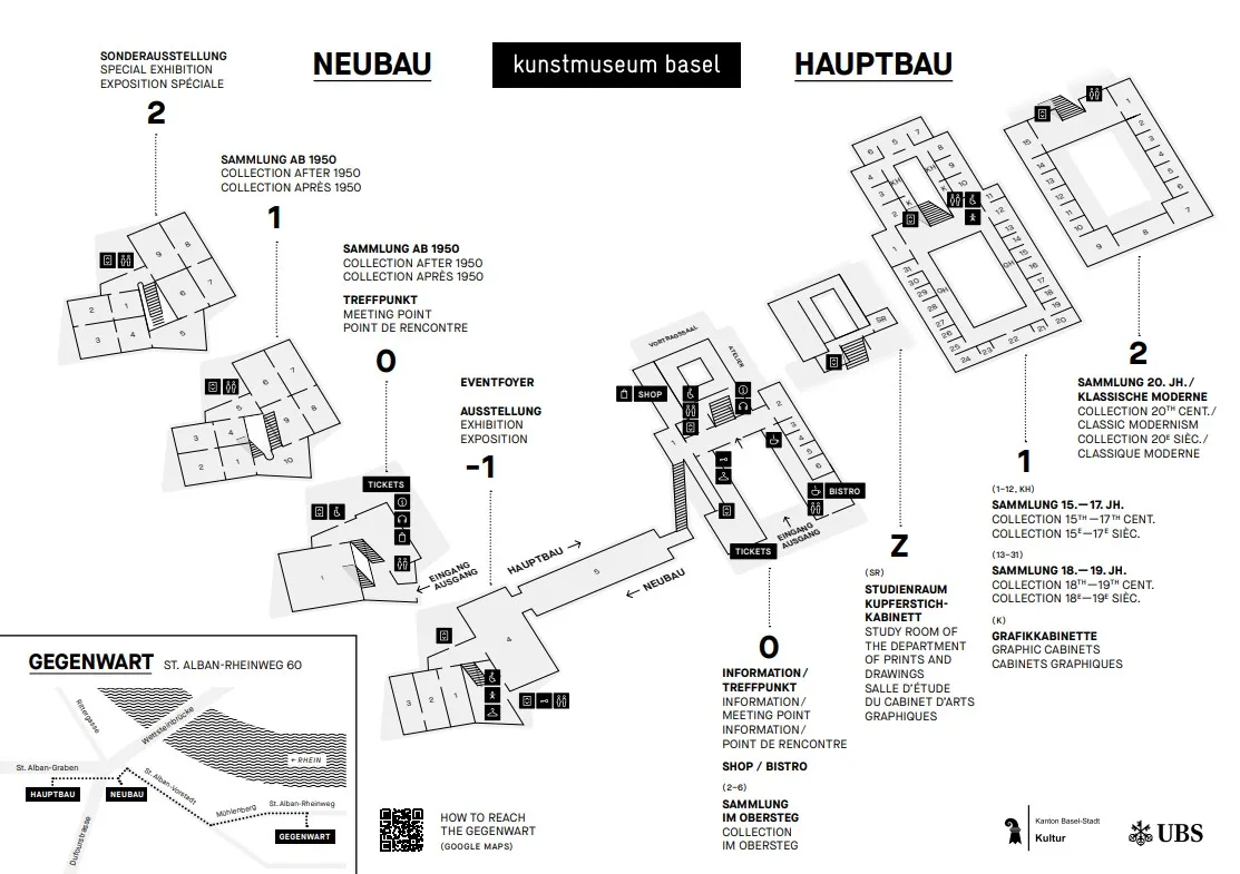 Plano del Kunstmuseum Basel que muestra la distribución de los edificios Neubau, Hauptbau y Gegenwart con la ubicación de las colecciones e información para visitantes.