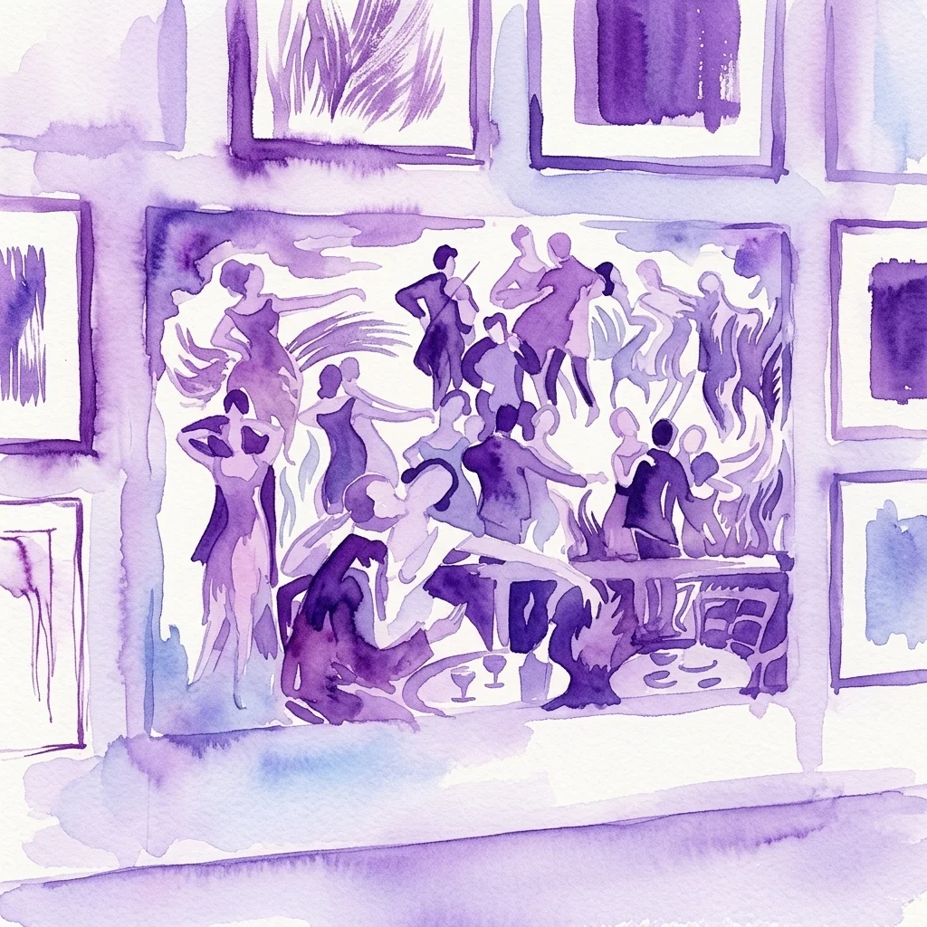 Purple watercolor illustration of a gallery wall with framed prints, highlighting a central artwork depicting figures dancing and socializing.