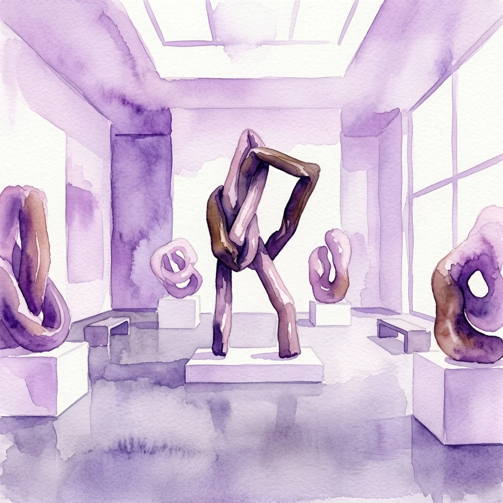 Aquarelillustratie van een museumgalerie met abstracte, vloeiende sculpturen op witte sokkels, die de tentoonstelling van Lynda Benglis vertegenwoordigen.