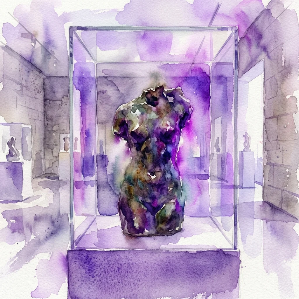 Ilustración en acuarela de un torso escultórico oscuro y texturizado dentro de una vitrina de cristal en una galería de museo, evocando la exposición de Medardo Rosso.