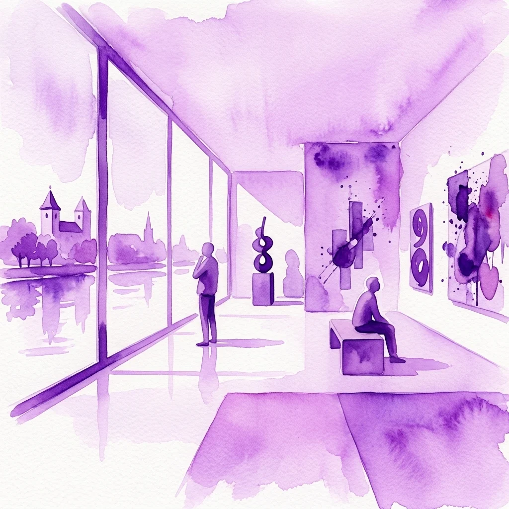 Paarse aquarelillustratie van een modern galerie-interieur met grote ramen die uitkijken op de Rijn, met abstracte kunst en bezoekers.