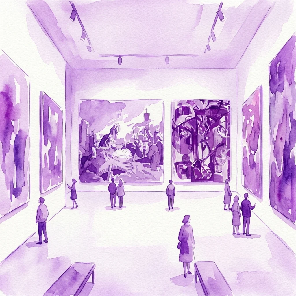 Paarse aquarelillustratie van een minimalistische kunstgalerie waar bezoekers grootschalige abstracte en historische schilderijen bekijken voor de tentoonstelling Size Matters.