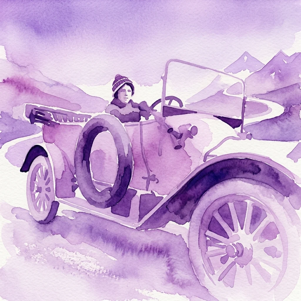 Purple watercolor illustration of a woman driving a vintage open-top cabriolet with a spare tire along a winding alpine mountain road.