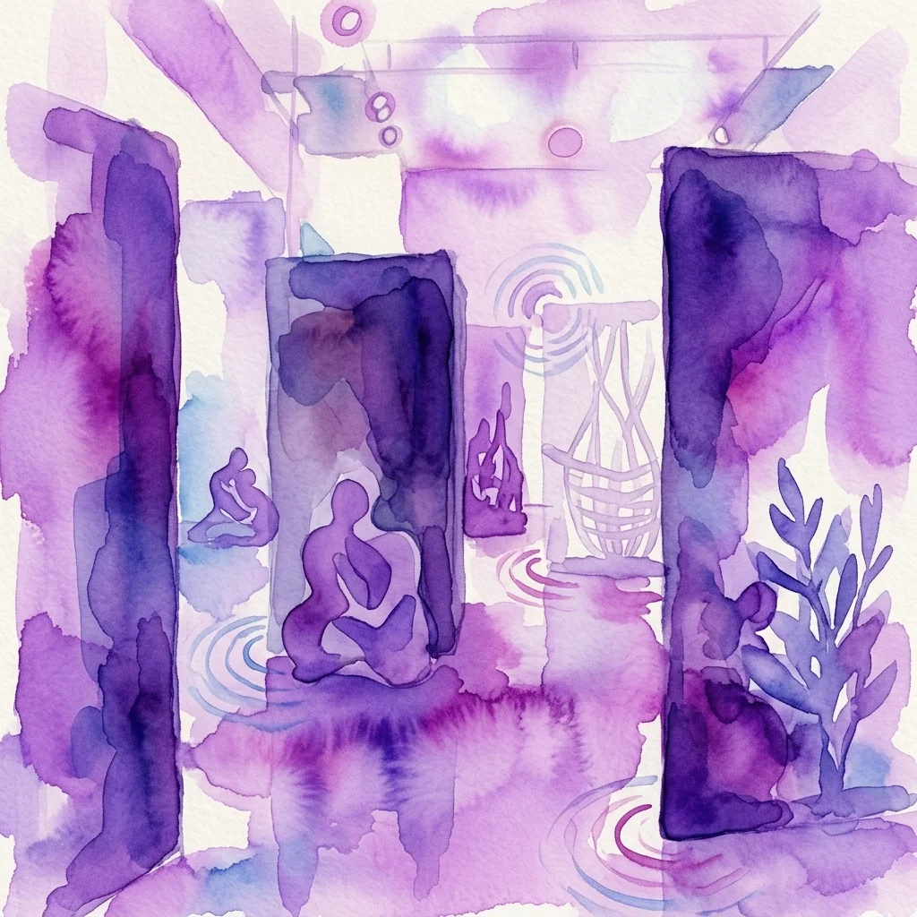 Akwelowa ilustracja wystawy 'A Quiet Storm Blowin’' autorstwa Soñ Gweha, przedstawiająca abstrakcyjne fioletowe i niebieskie formy, elementy rzeźbiarskie i figury w wielozmysłowym krajobrazie z dźwiękiem i sztuką instalacji.