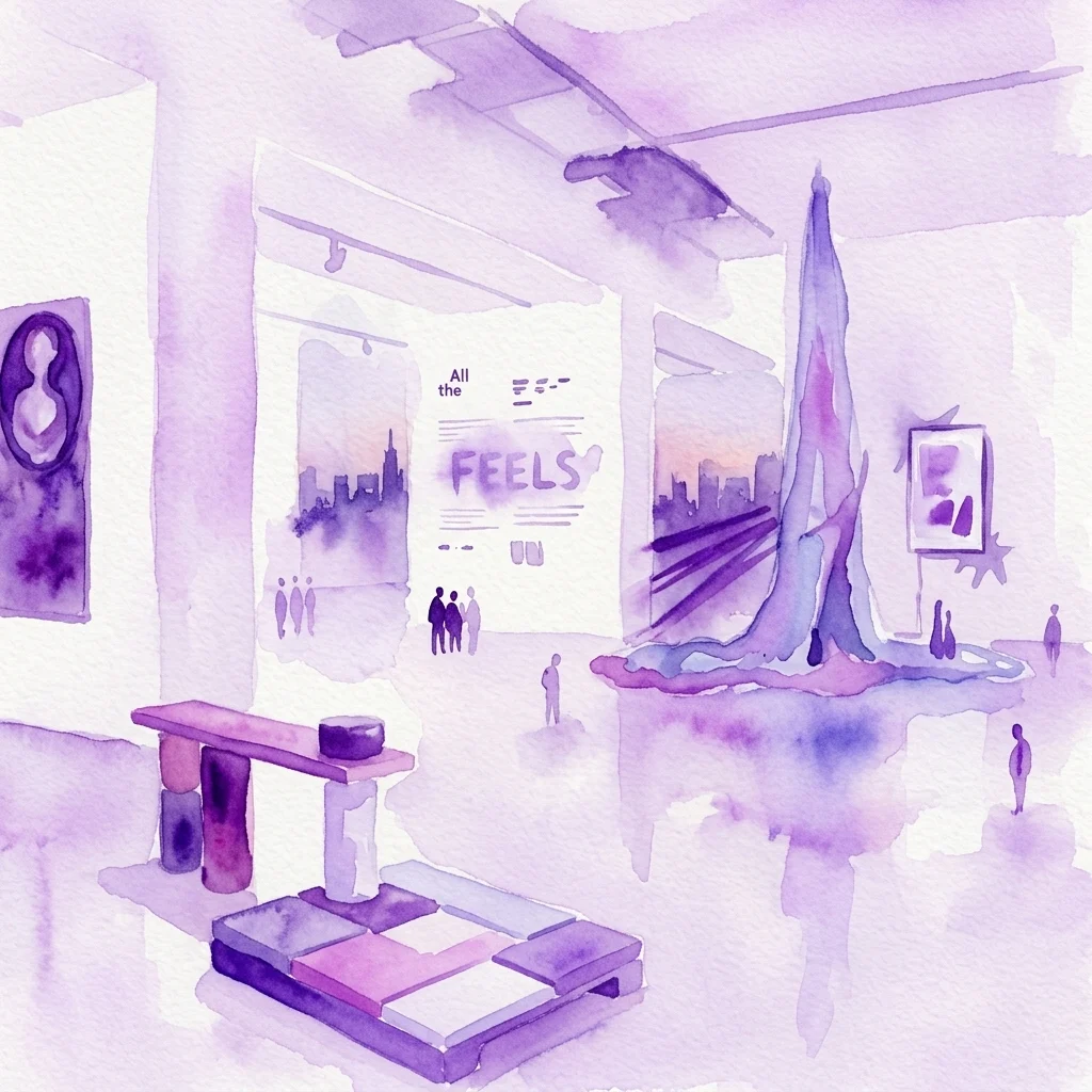 Ilustración en acuarela de una exposición en una galería de arte titulada 'All the Feels!' que presenta esculturas abstractas, pinturas y visitantes silueteados en un espacio de tonos púrpuras.