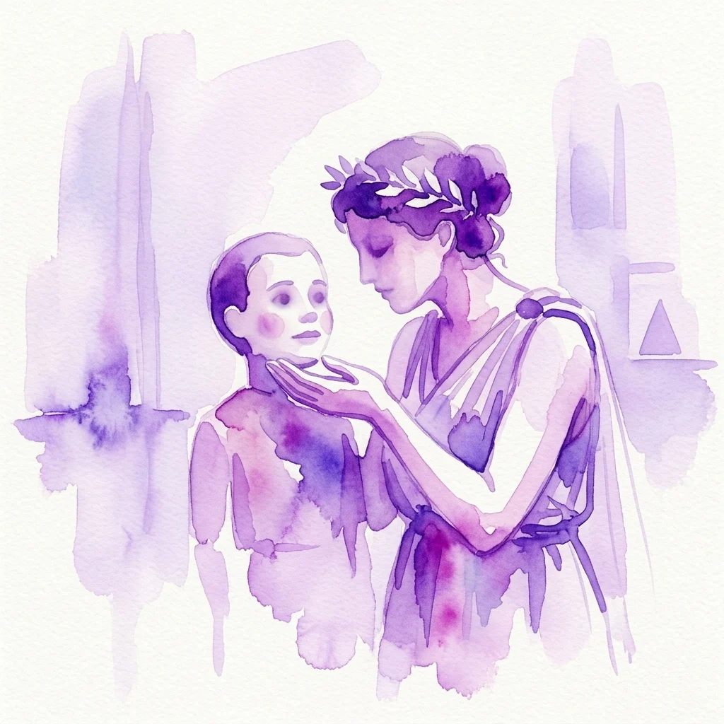 Ilustracja akwarelowa przedstawiająca kobietę w starożytnym greckim stroju z wieńcem laurowym, delikatnie dotykającą twarzy dziecka, nawiązująca do wyroczni delfickiej oraz motywów proroctwa i samopoznania.
