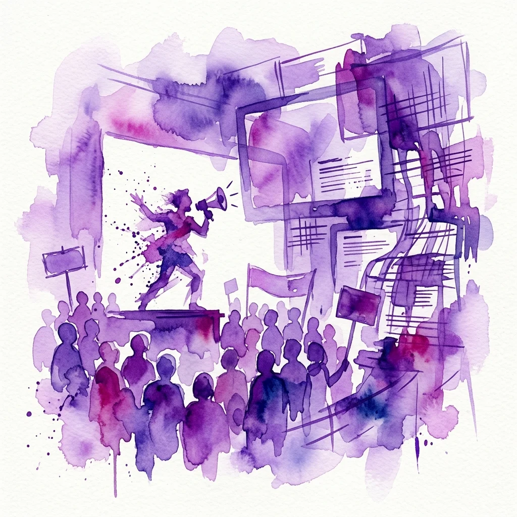 Ilustracja akwarelowa przedstawiająca scenę protestu politycznego z postacią trzymającą megafon na scenie, otoczoną przez tłum i abstrakcyjne elementy medialne w odcieniach fioletu i magenty.