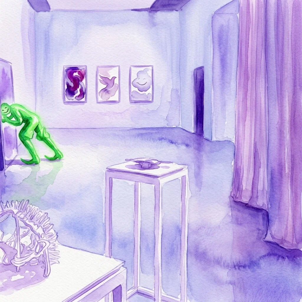 Una ilustración en acuarela del interior de una galería de arte con paredes moradas, que presenta una figura verde, obras de arte abstractas y un pedestal con una escultura.