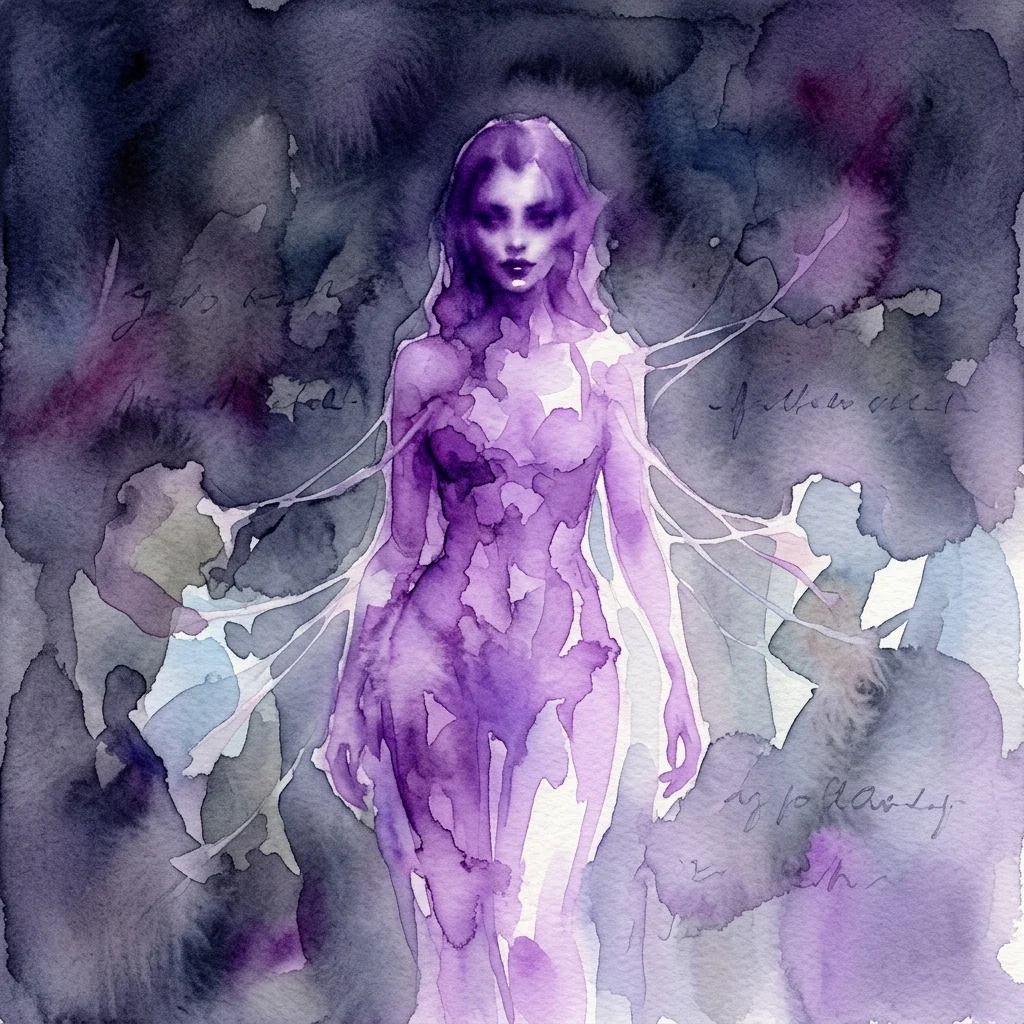 Una acuarela que representa una figura femenina espectral en tonos púrpuras, rodeada de formas abstractas y un tenue texto manuscrito, evocando temas de vampirismo y agotamiento de energía.