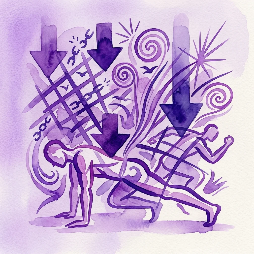 Abstract paars aquarelkunstwerk met figuren onder druk, met pijlen, kettingen en spiralen, wat veerkracht en prestaties in systemische crises weergeeft.
