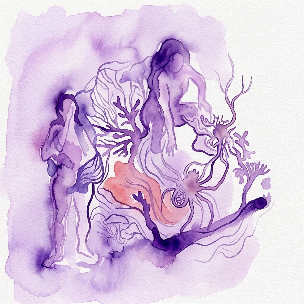 Obra de arte abstracta en acuarela que presenta figuras humanas entrelazadas y formas orgánicas en tonos púrpuras y rosas, evocando una relación simbiótica entre los humanos y las entidades biológicas.