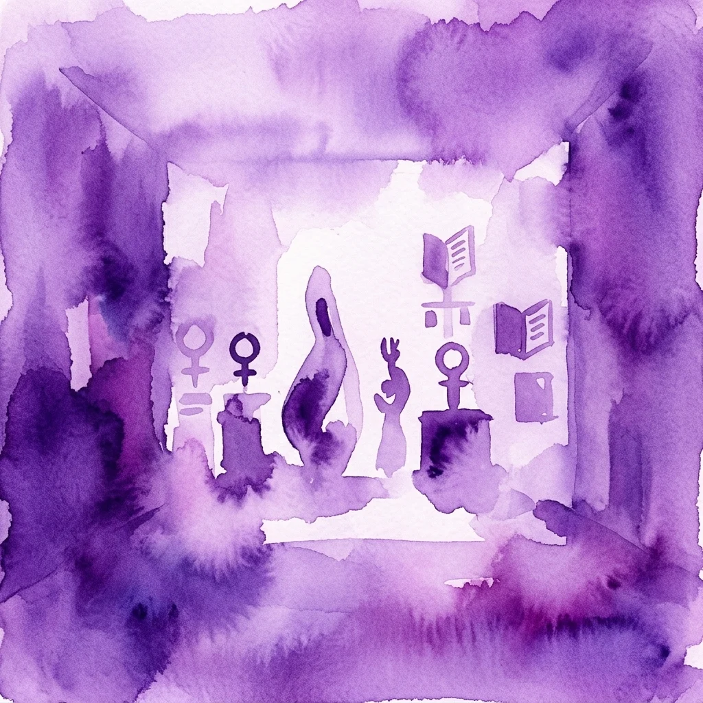 Fioletowa ilustracja akwarelowa przedstawiająca spekulatywną scenę archeologiczną z symbolami feministycznymi, książkami i postaciami, reprezentująca wystawę 'Stone Telling'.
