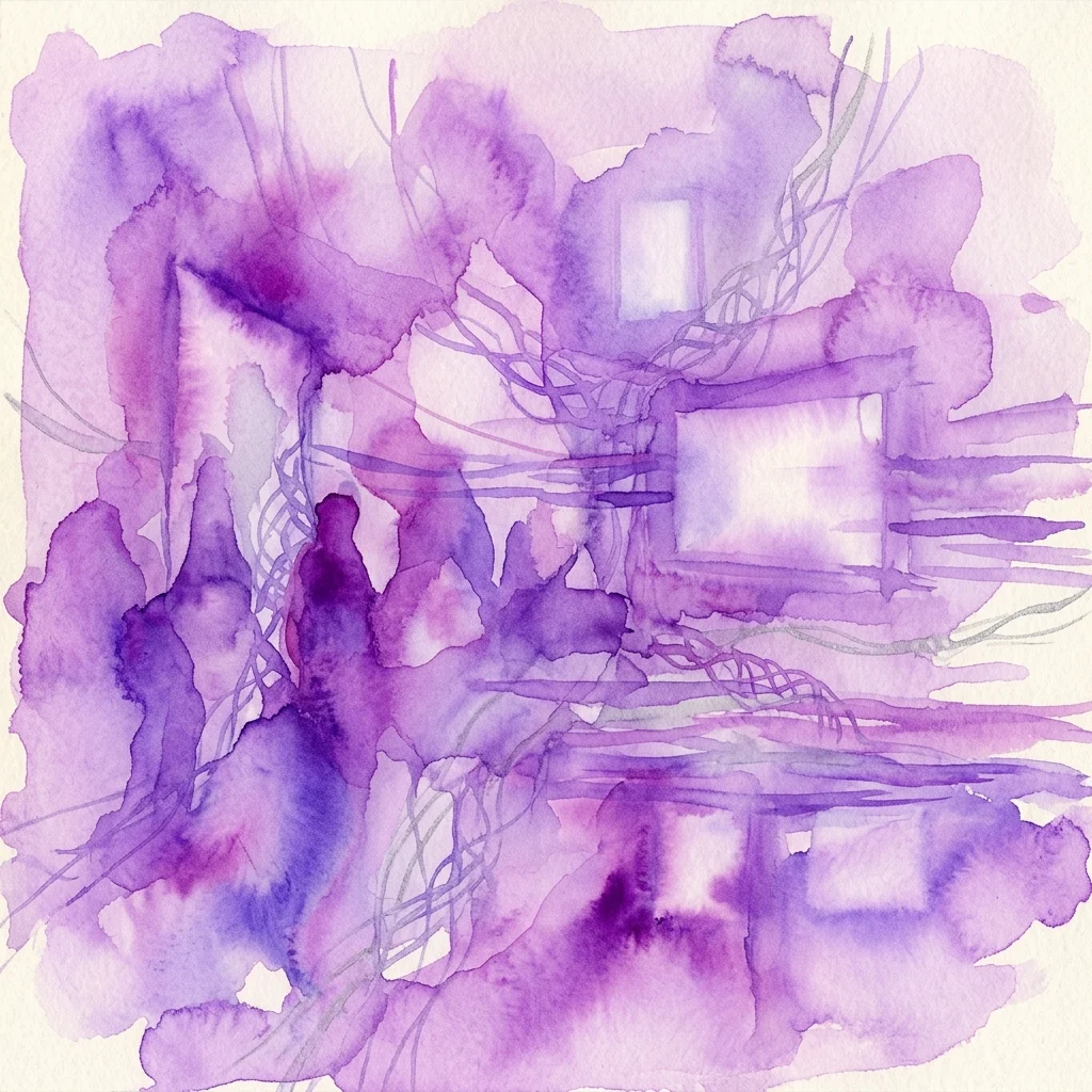 Abstract aquarelkunstwerk in tinten paars en lavendel, met gelaagde wassingen, dunne lijnen en vage rechthoekige vormen, die een gevoel van verborgen verbindingen en complexe systemen oproepen.