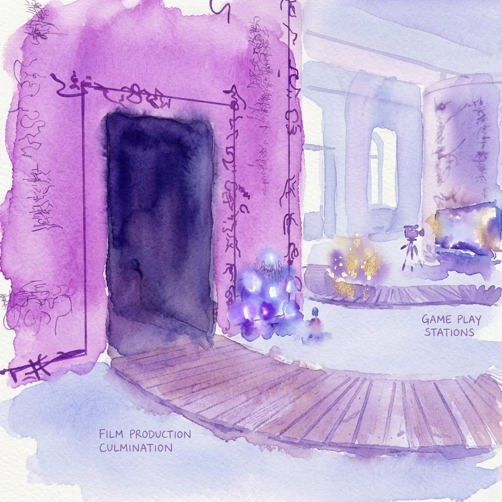Ilustración en acuarela de una instalación de arte inmersivo que presenta una puerta oscura etiquetada como 'Film Production Culmination' y una sección marcada como 'Game Play Stations' con una cámara en un trípode, todo en tonos morados y azules.