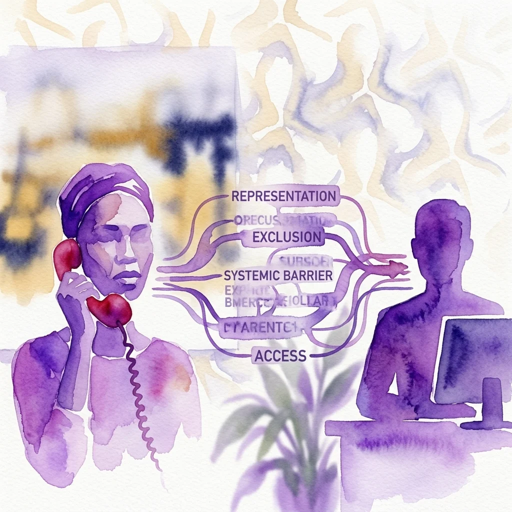 Una ilustración en acuarela que representa a una mujer al teléfono y a una figura silueteada en un ordenador, conectadas por líneas etiquetadas con palabras como 'REPRESENTACIÓN', 'EXCLUSIÓN' y 'BARRERA SISTÉMICA', simbolizando un diálogo sobre la exclusión interseccional en el mundo del arte.
