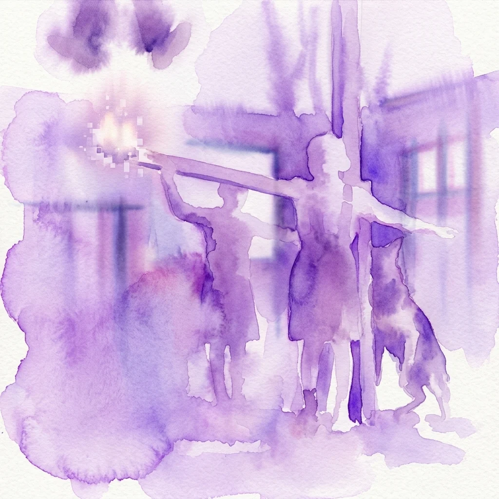 Purple watercolor wash with a pixelated burst of light, evoking ghostly digital forms within an ethereal composition.