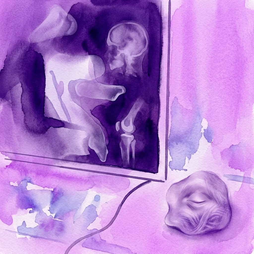 Pintura a la acuarela de tonos morados con un panel oscuro que muestra un cráneo anatómico y bocetos esqueléticos, junto a un rostro representado suavemente con los ojos cerrados en lavados de color violeta.