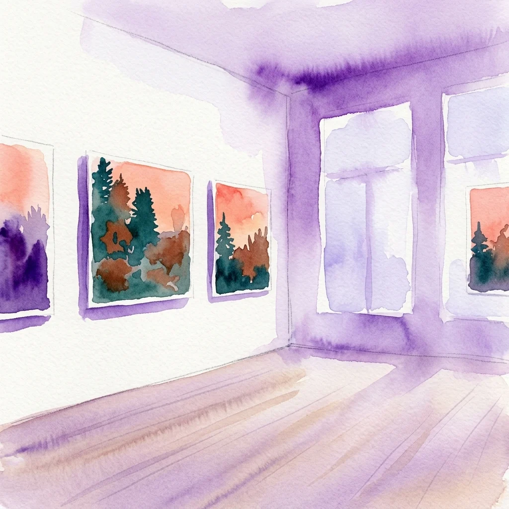 Ilustración en acuarela del interior de una galería minimalista con suelos de madera clara y obras de arte enmarcadas que muestran escenas estilizadas de bosques nórdicos sobre paredes de color lavanda pálido.