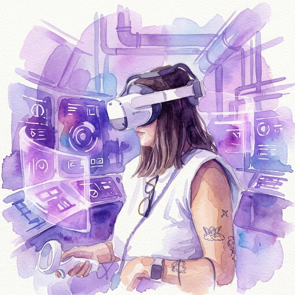 Ilustración en acuarela de una mujer con gafas de realidad virtual y un mando, rodeada de interfaces holográficas brillantes y tuberías industriales que representan una central térmica.