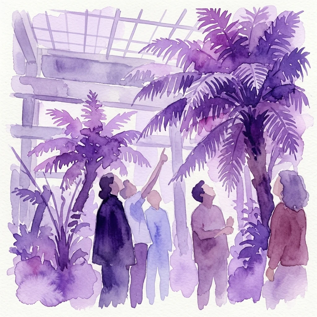 Ilustración en acuarela de visitantes admirando helechos arbóreos gigantes dentro de la exposición Green Fire, un jardín interior ubicado en una antigua sala de calderas industrial.
