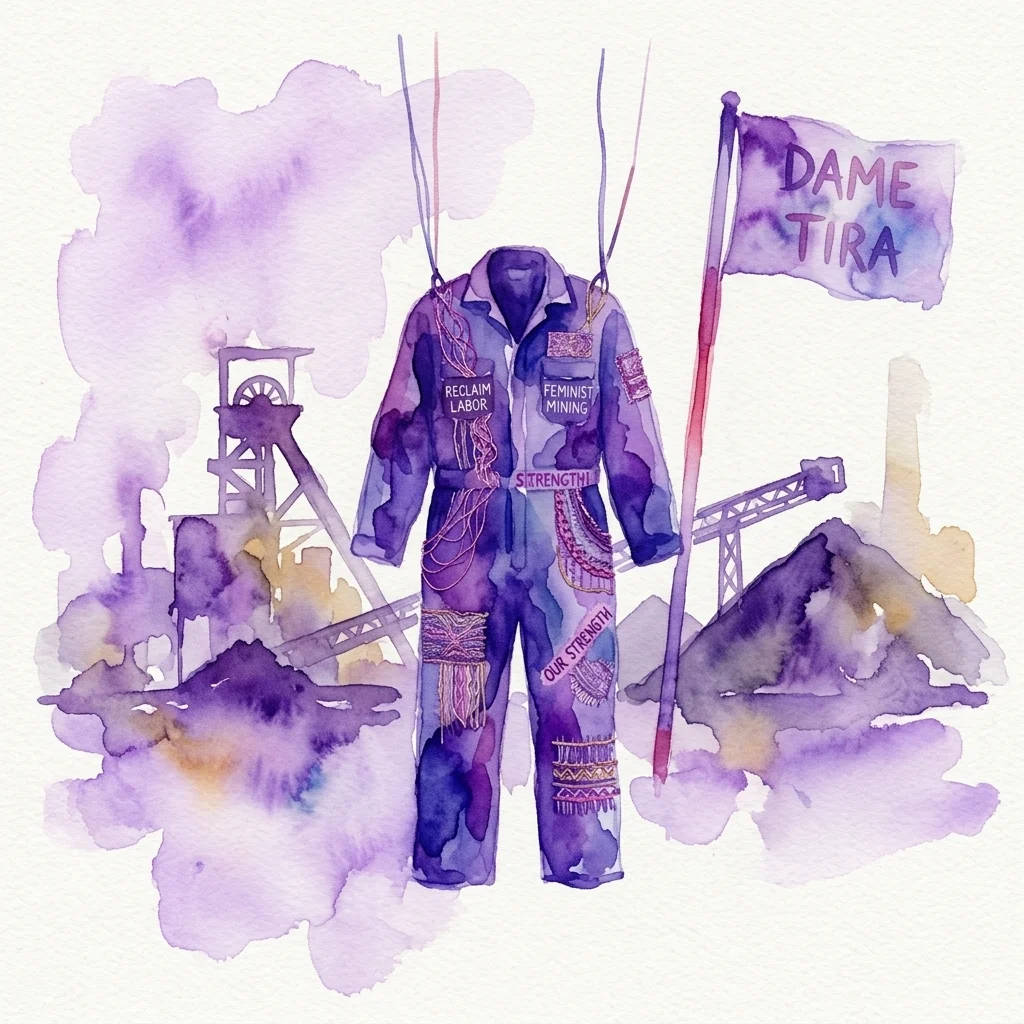 Ilustración en acuarela de un mono de trabajo morado bordado con eslóganes feministas como 'Reclaim Labor' y 'Feminist Mining', colgado sobre un fondo de estructuras de minas de carbón.