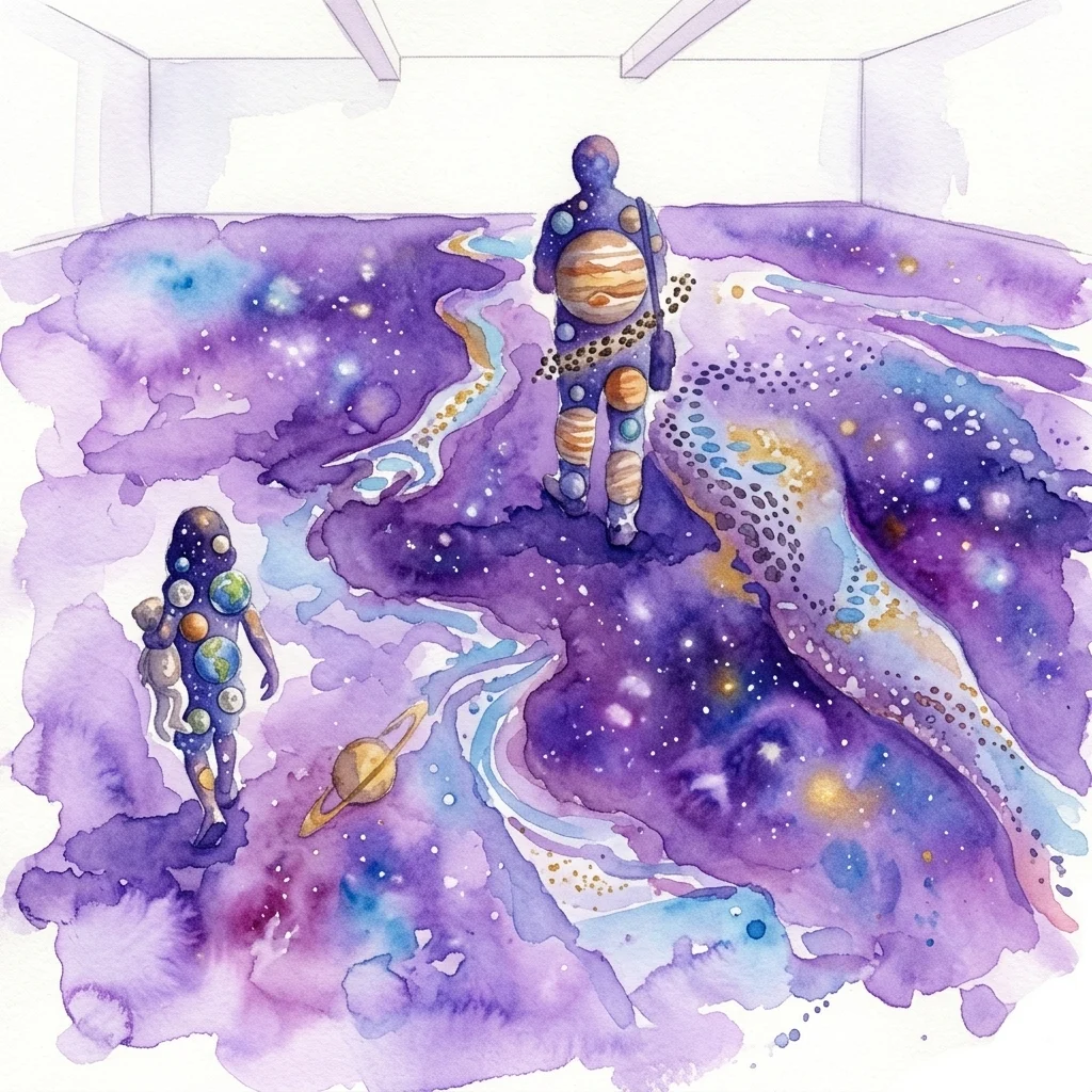 Arte conceptual en acuarela que representa dos figuras humanas formadas por planetas, de pie sobre un suelo cósmico de color morado y azul en una galería.