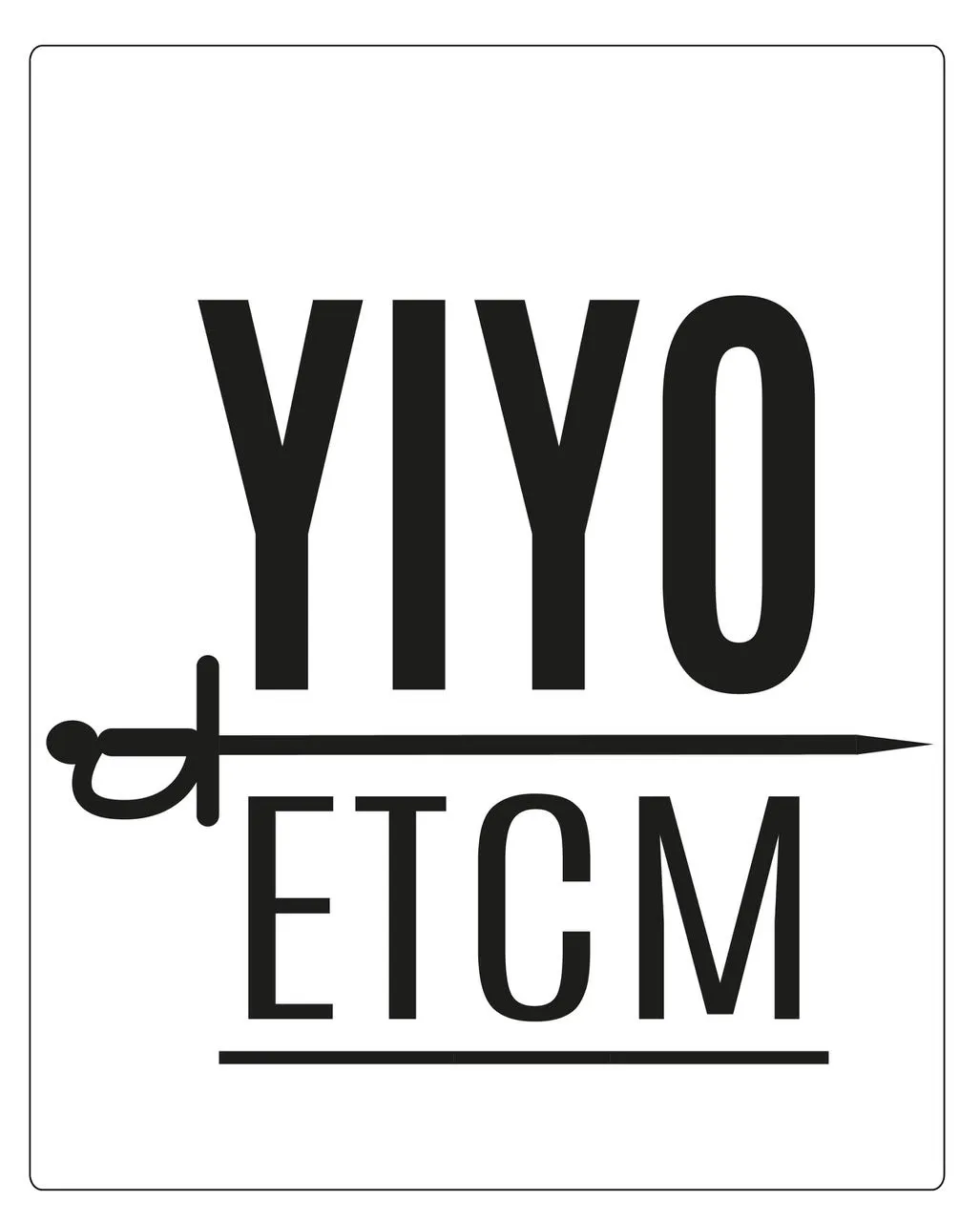 Black text logo with the words YIYO and ETCM separated by a horizontal sword graphic on a white background